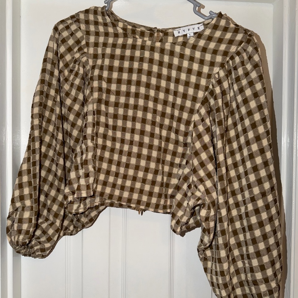 HYFVE Brown and Cream Checkered Cropped Blouse